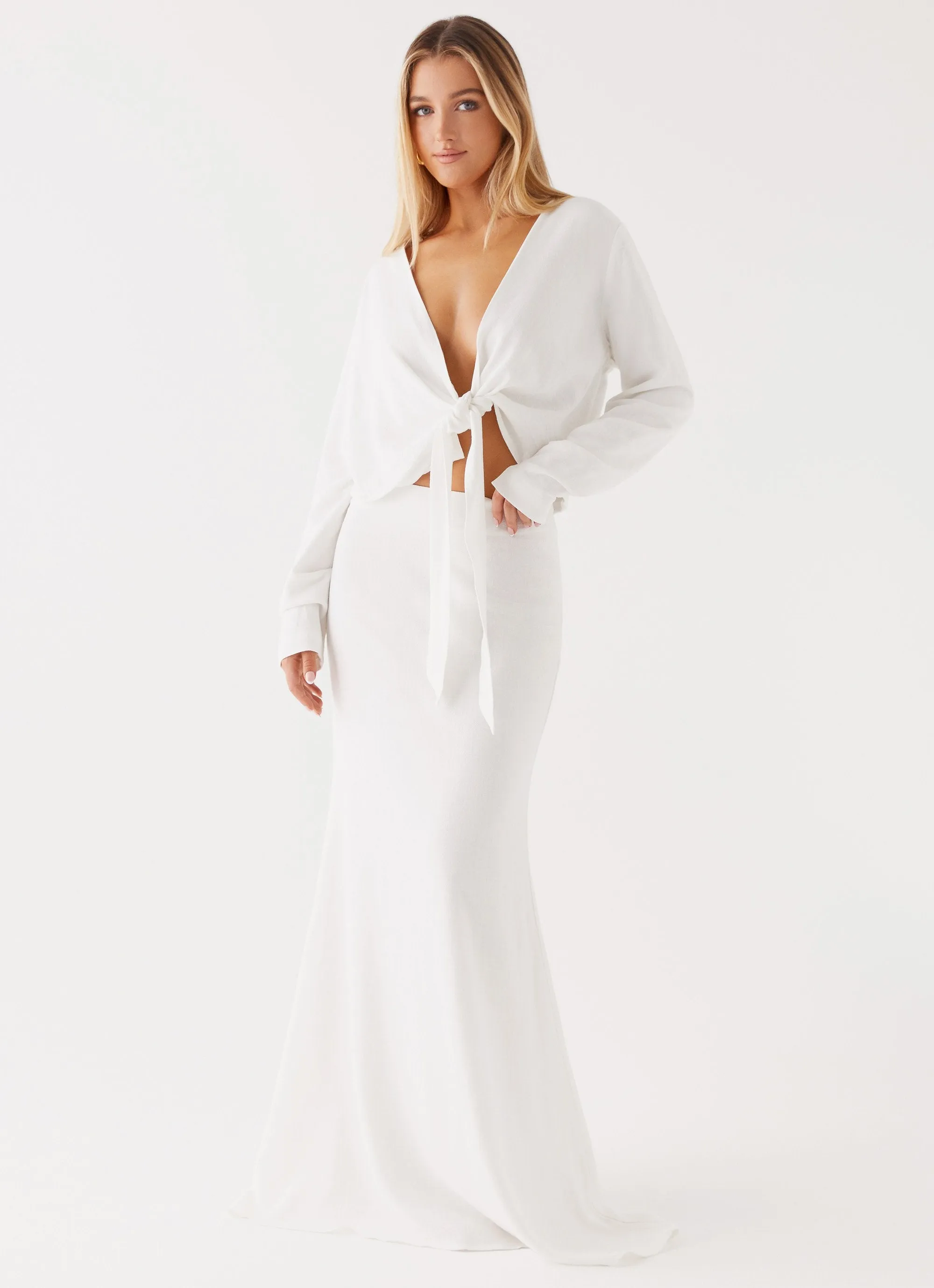 Parker Linen Knotted Top - White Elasticized Waistband Raglan Sleeve