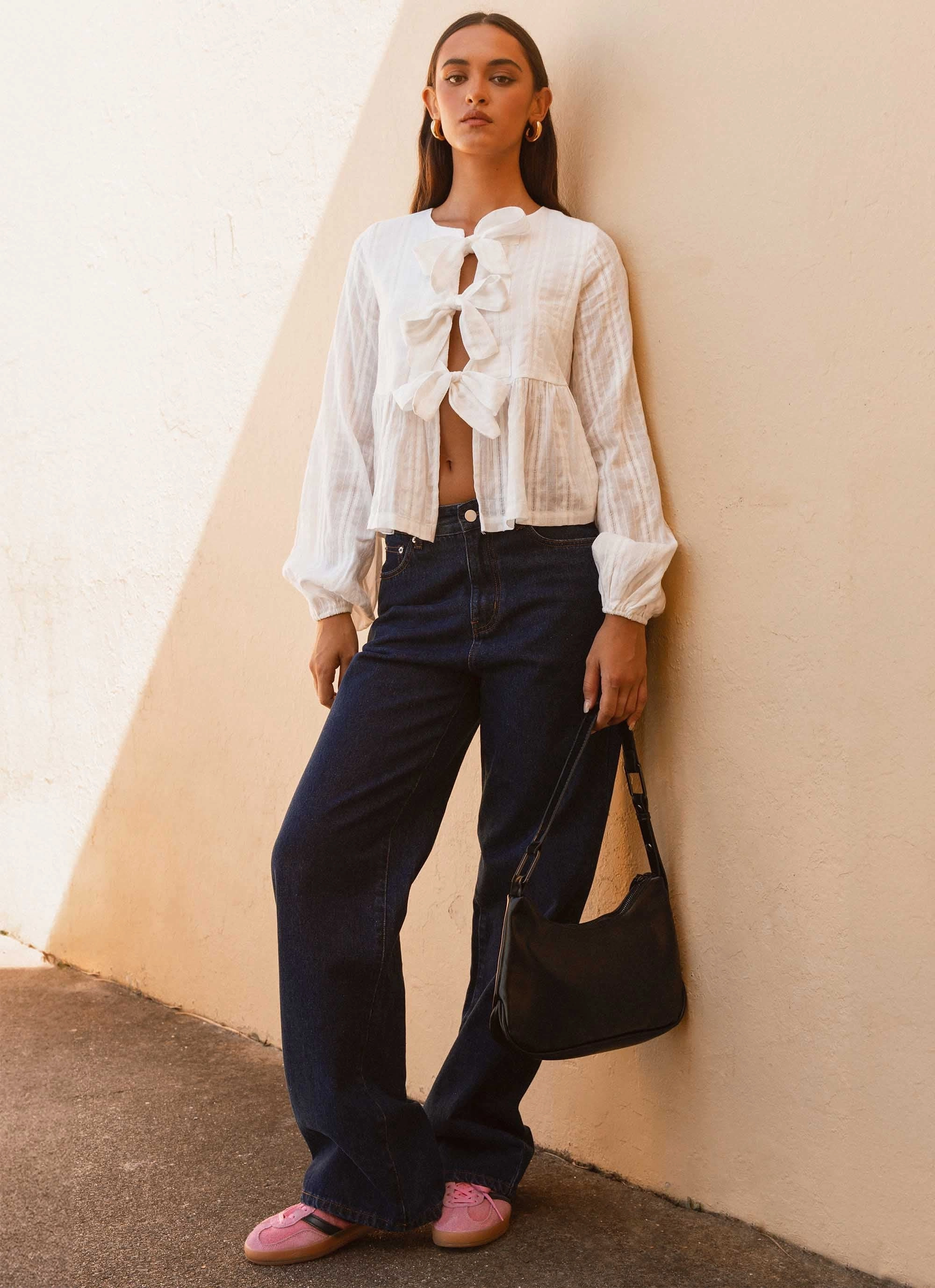 ButterSoftTexture LaserCut Edges Western Wind Long Sleeve Top - White