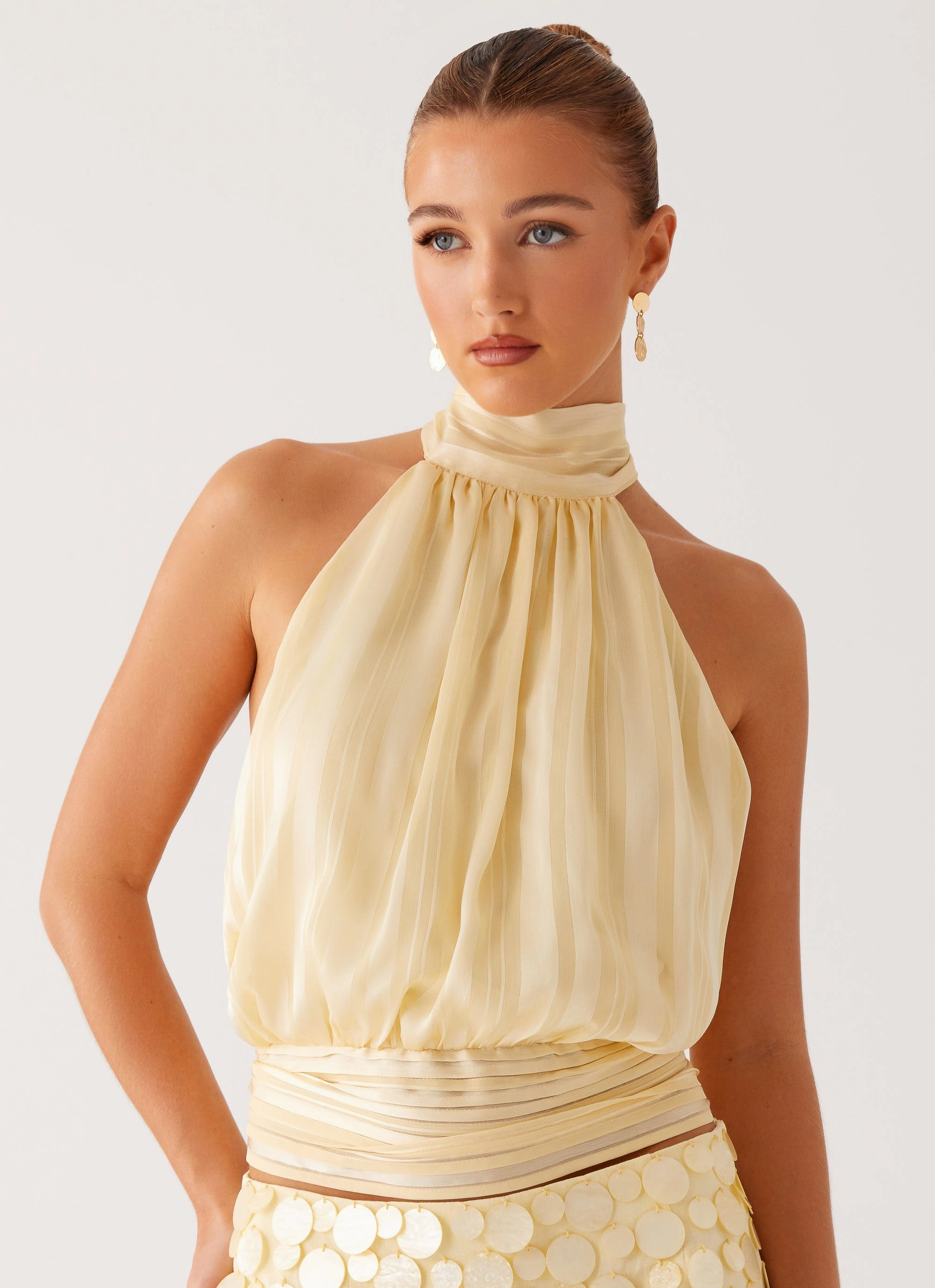 Durable Reinforced Elbows Willow Chiffon Top - Yellow