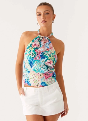 MoistureWickingMaterial Dalila Beaded Tie Back Top - Santorini Floral Dalila Beaded Tie Back Top - Santorini Floral Contoured Side Panels Temperature Regulating Fabric