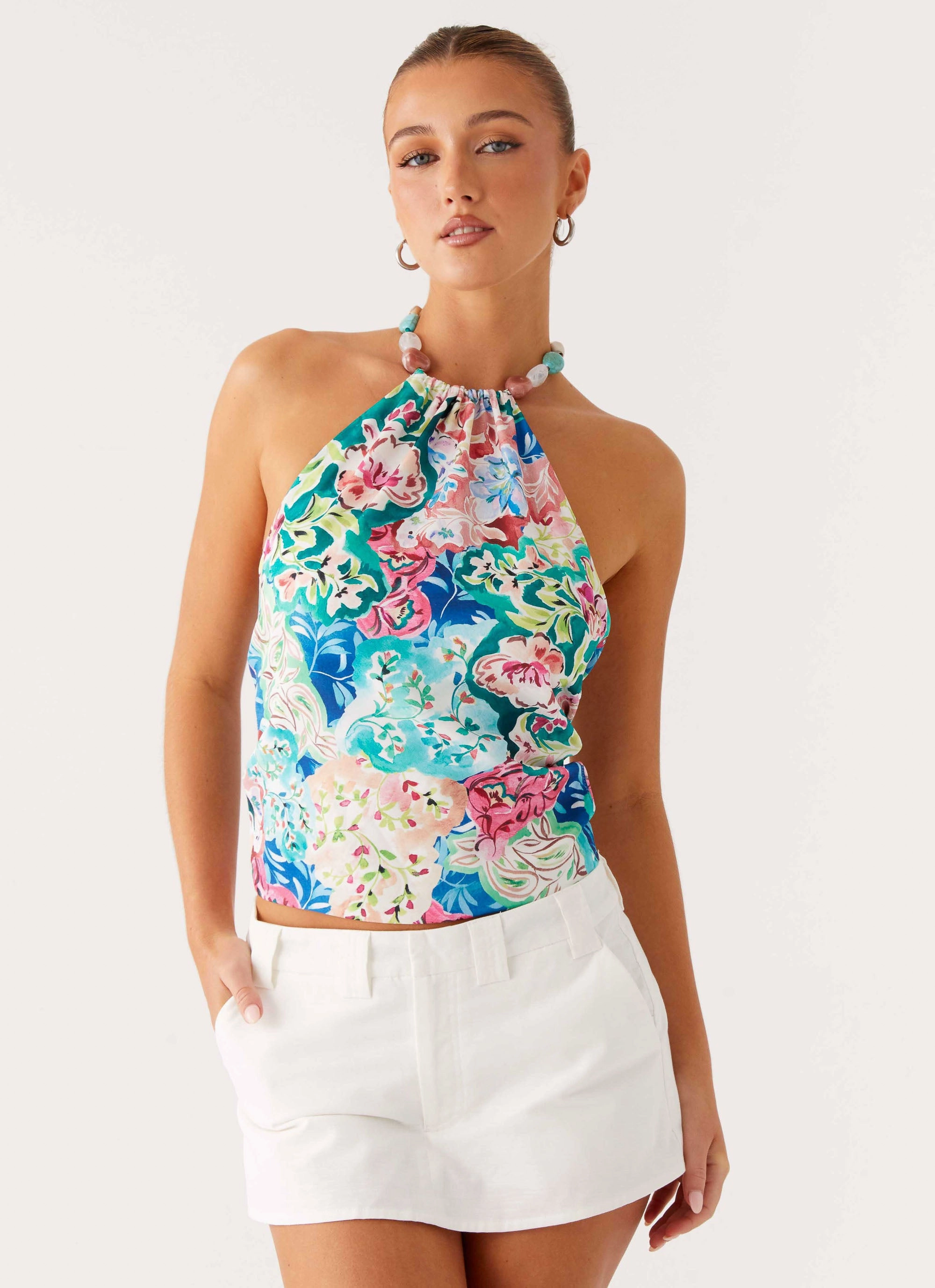Dalila Beaded Tie Back Top - Santorini Floral Contoured Side Panels Temperature Regulating Fabric
