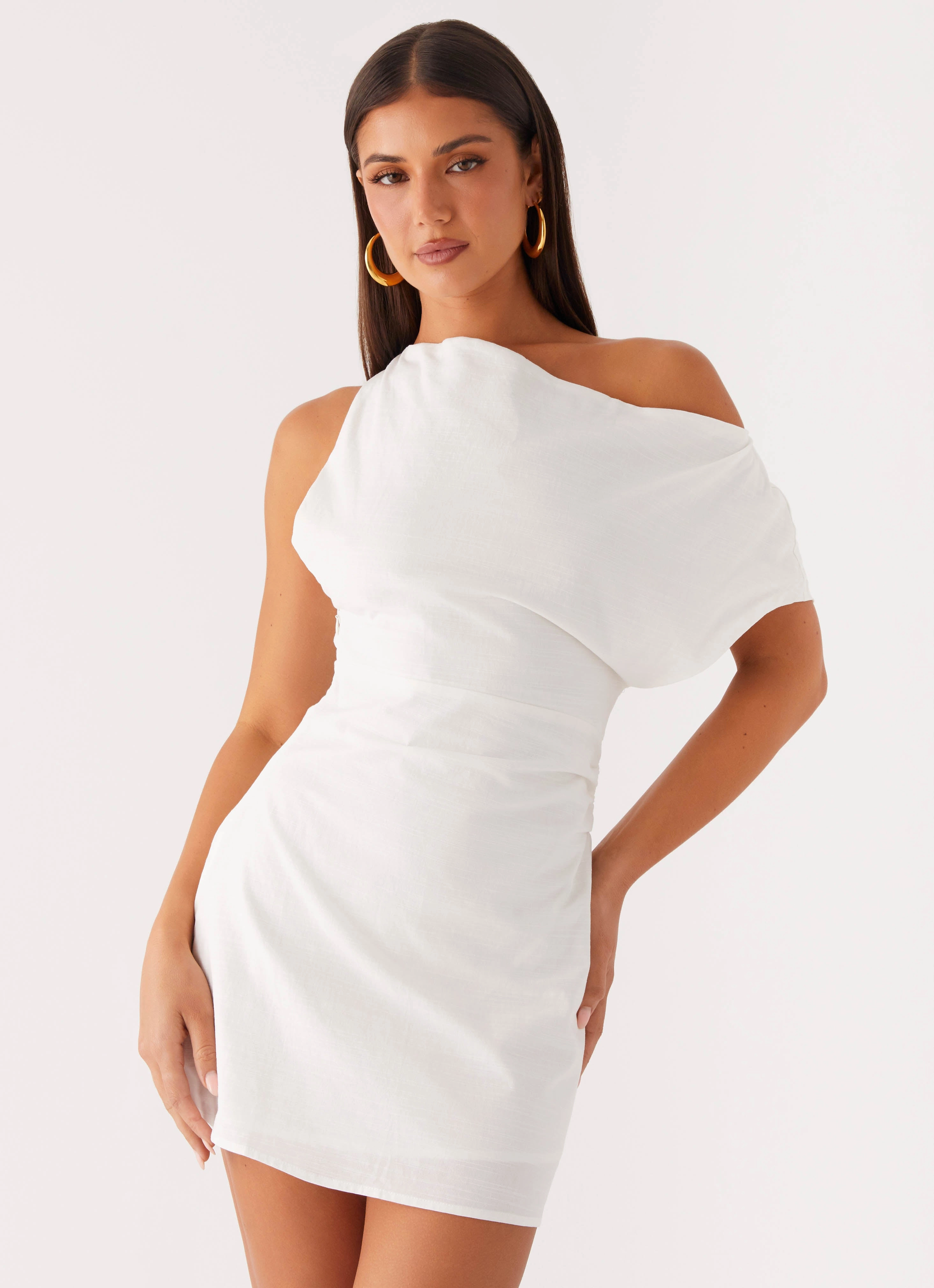 Moonlight Oasis Asymmetrical Mini Dress - Off White Durable-Fabric