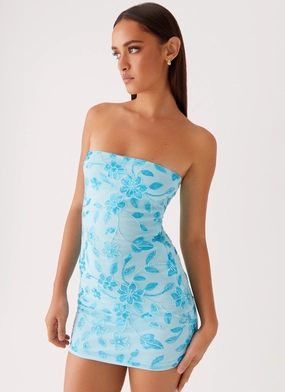 Moorey Beaded Mini Dress - Blue Galaxy Print Resort-Wear Moorey Beaded Mini Dress - Blue