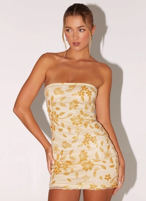 Moorey Beaded Mini Dress - Yellow Luxe Fabric Flexible Waist Fitted Style Moorey Beaded Mini Dress - Yellow