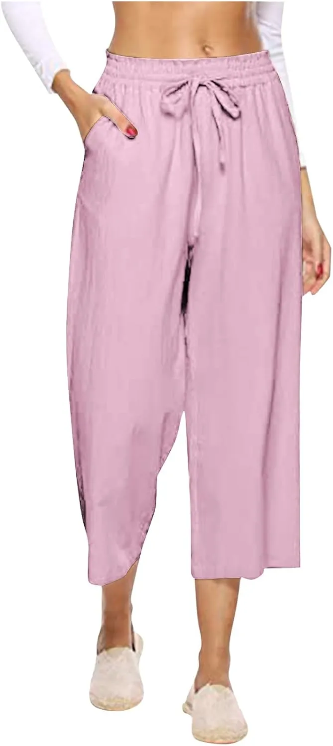 MRGIINRI Womens Linen Pants 2024 High Waisted Wide Leg Drawstring Casual Loose Capri Palazzo Pants Trousers with Pockets