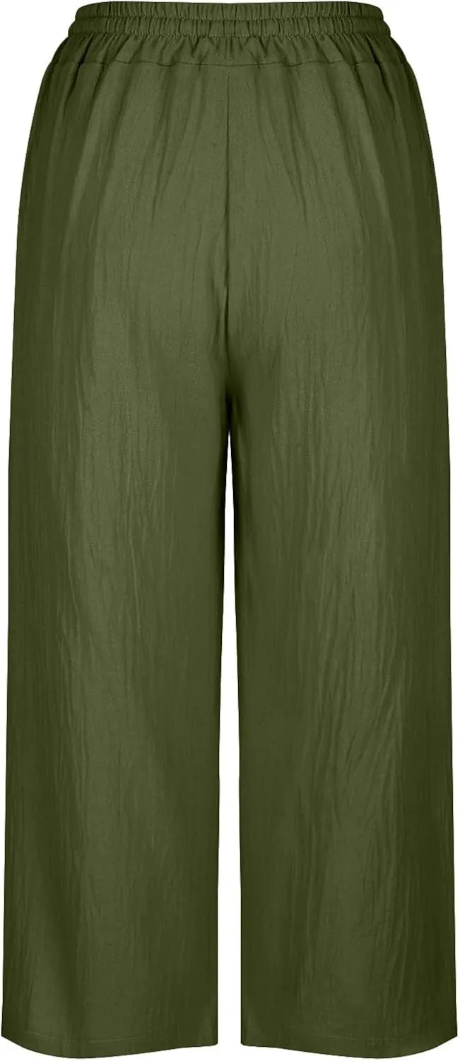MRGIINRI Womens Linen Pants 2024 High Waisted Wide Leg Drawstring Casual Loose Capri Palazzo Pants Trousers with Pockets