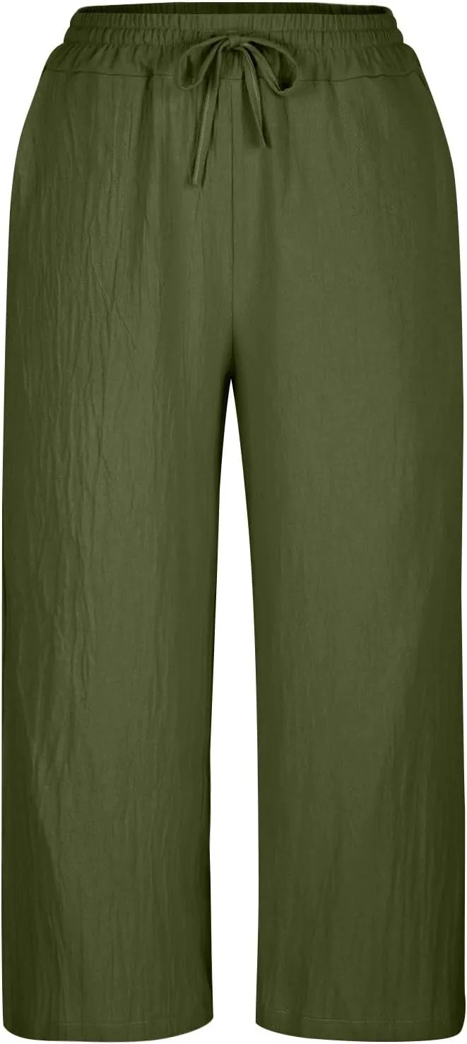 MRGIINRI Womens Linen Pants 2024 High Waisted Wide Leg Drawstring Casual Loose Capri Palazzo Pants Trousers with Pockets