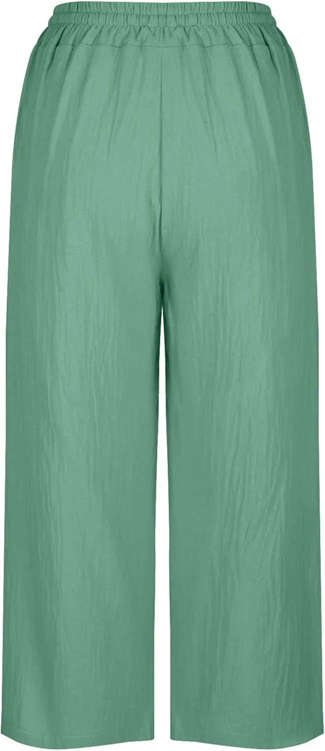 MRGIINRI Womens Linen Pants 2024 High Waisted Wide Leg Drawstring Casual Loose Capri Palazzo Pants Trousers with Pockets