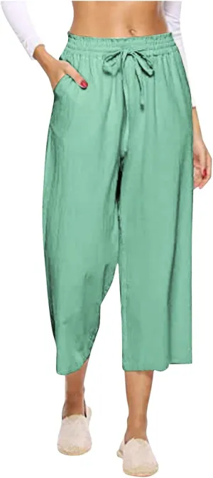 MRGIINRI Womens Linen Pants 2024 High Waisted Wide Leg Drawstring Casual Loose Capri Palazzo Pants Trousers with Pockets