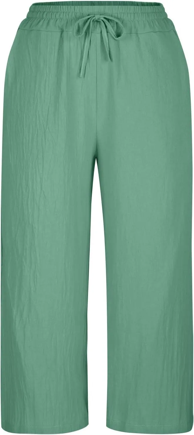 MRGIINRI Womens Linen Pants 2024 High Waisted Wide Leg Drawstring Casual Loose Capri Palazzo Pants Trousers with Pockets