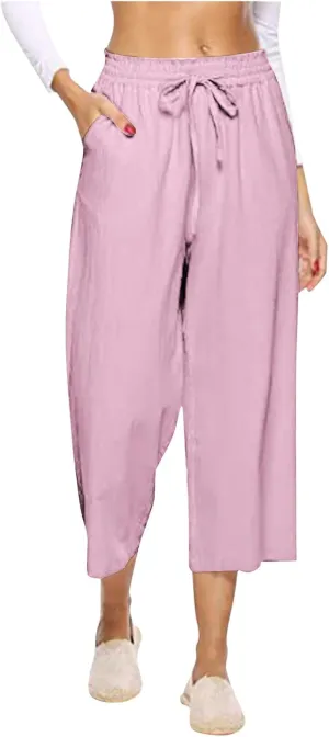 MRGIINRI Womens Linen Pants 2024 High Waisted Wide Leg Drawstring Casual Loose Capri Palazzo Pants Trousers with Pockets