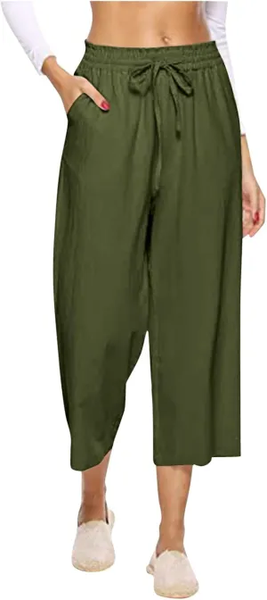MRGIINRI Womens Linen Pants 2024 High Waisted Wide Leg Drawstring Casual Loose Capri Palazzo Pants Trousers with Pockets