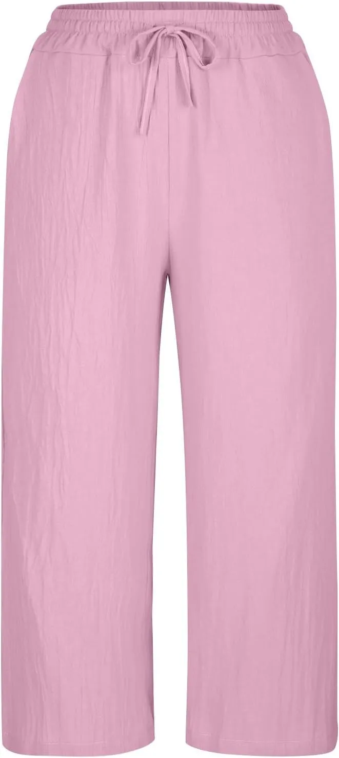 MRGIINRI Womens Linen Pants 2024 High Waisted Wide Leg Drawstring Casual Loose Capri Palazzo Pants Trousers with Pockets