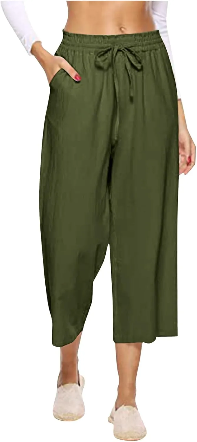 MRGIINRI Womens Linen Pants 2024 High Waisted Wide Leg Drawstring Casual Loose Capri Palazzo Pants Trousers with Pockets