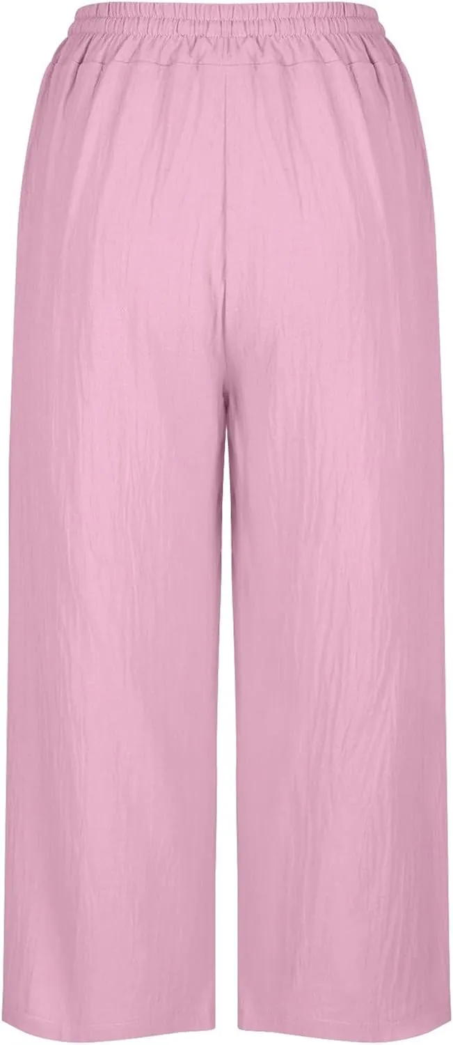 MRGIINRI Womens Linen Pants 2024 High Waisted Wide Leg Drawstring Casual Loose Capri Palazzo Pants Trousers with Pockets