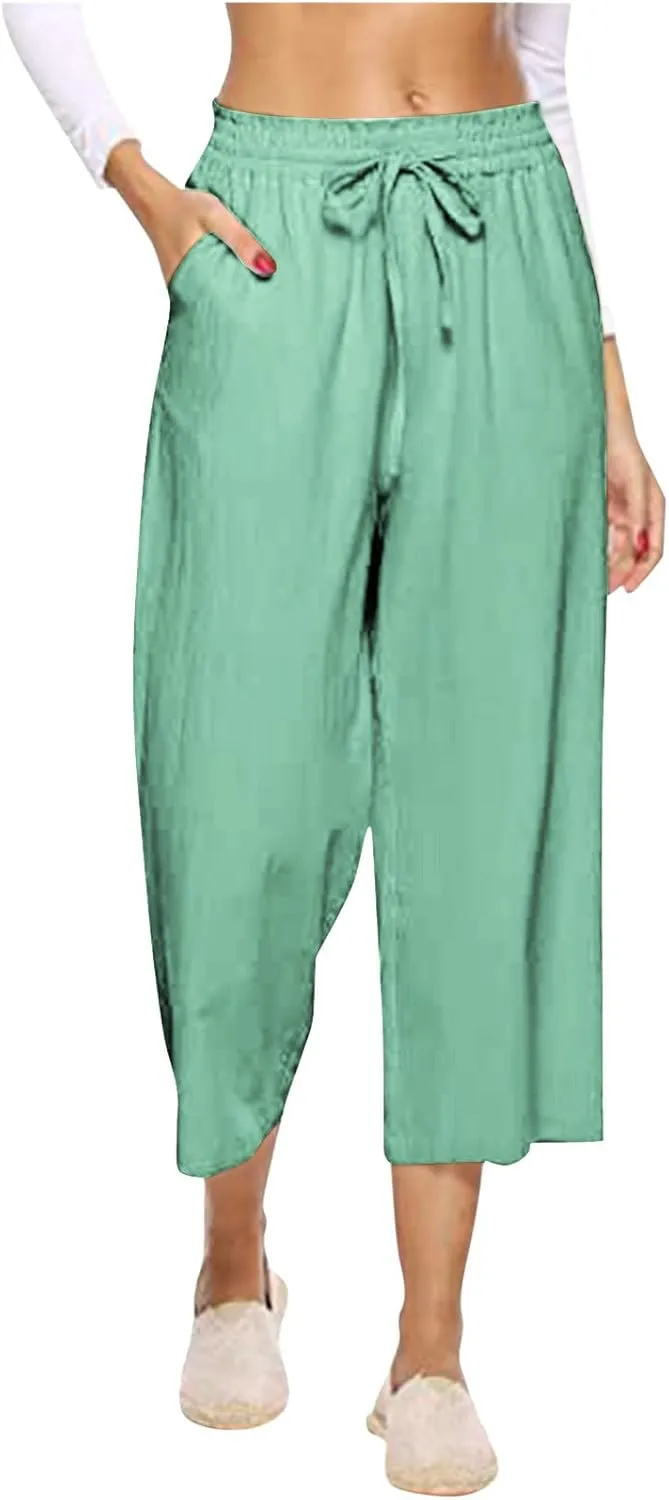 MRGIINRI Womens Linen Pants 2024 High Waisted Wide Leg Drawstring Casual Loose Capri Palazzo Pants Trousers with Pockets