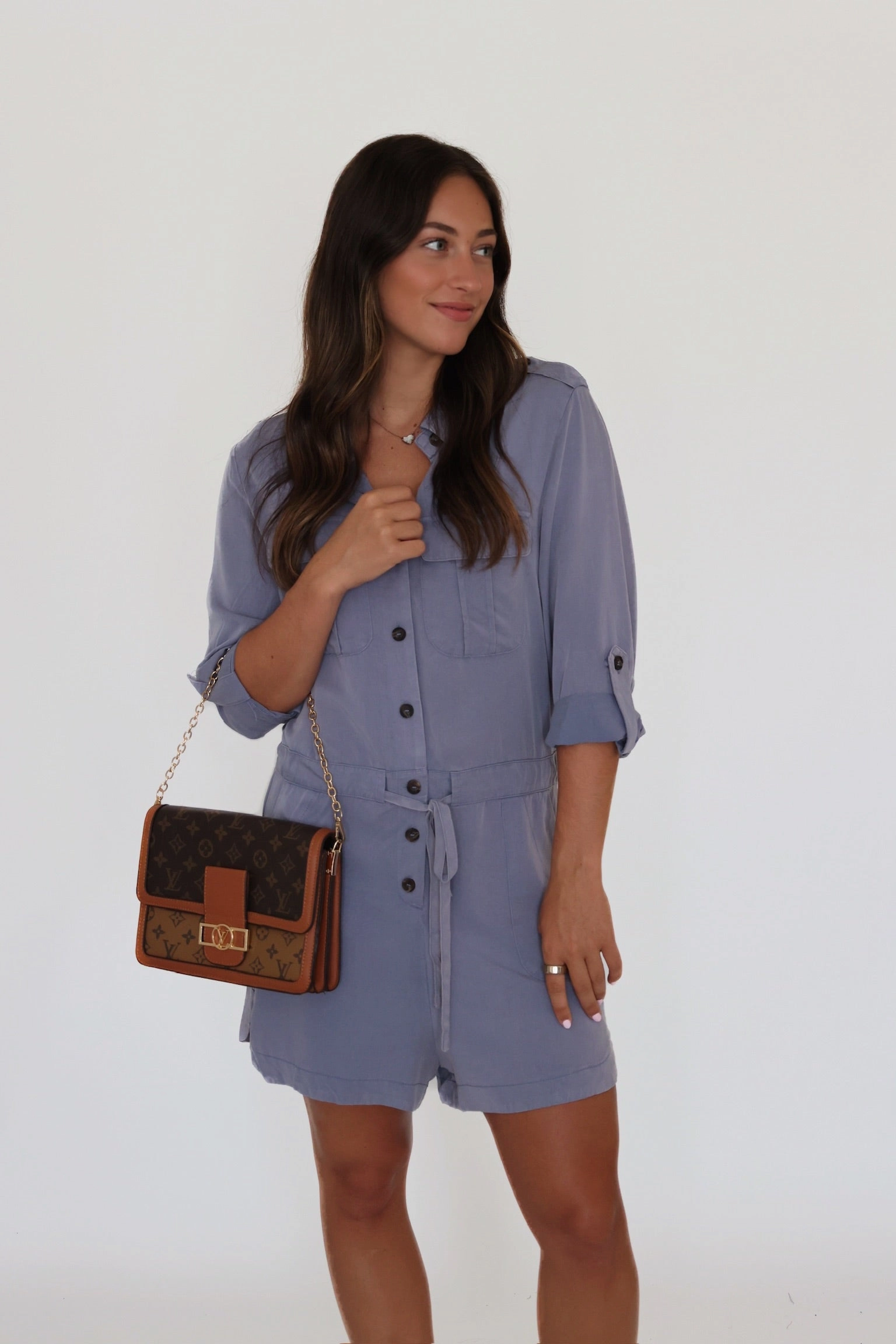 Wiley Utility Romper - Dusty Blue Everyday Fashion Shape Retention Fabric