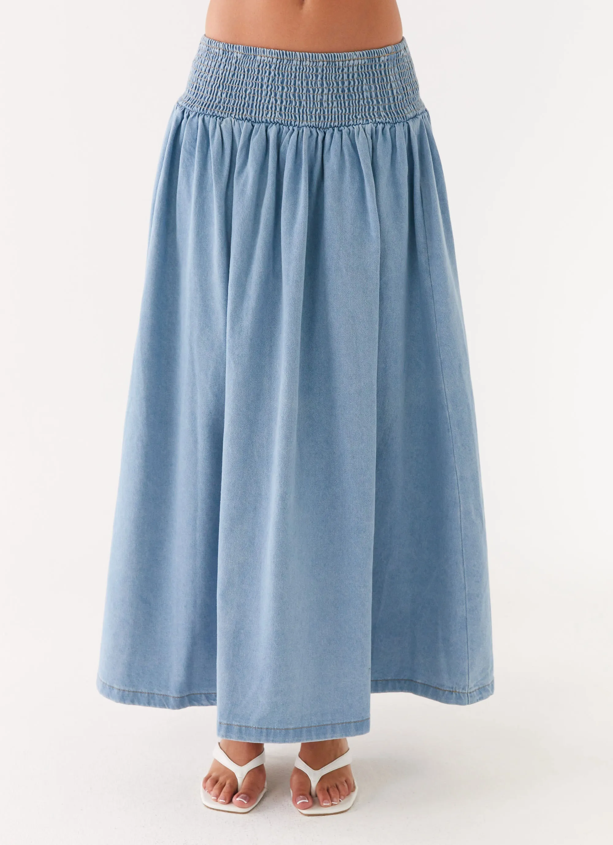 Simple Motion Heater Midi Skirt - Washed Blue
