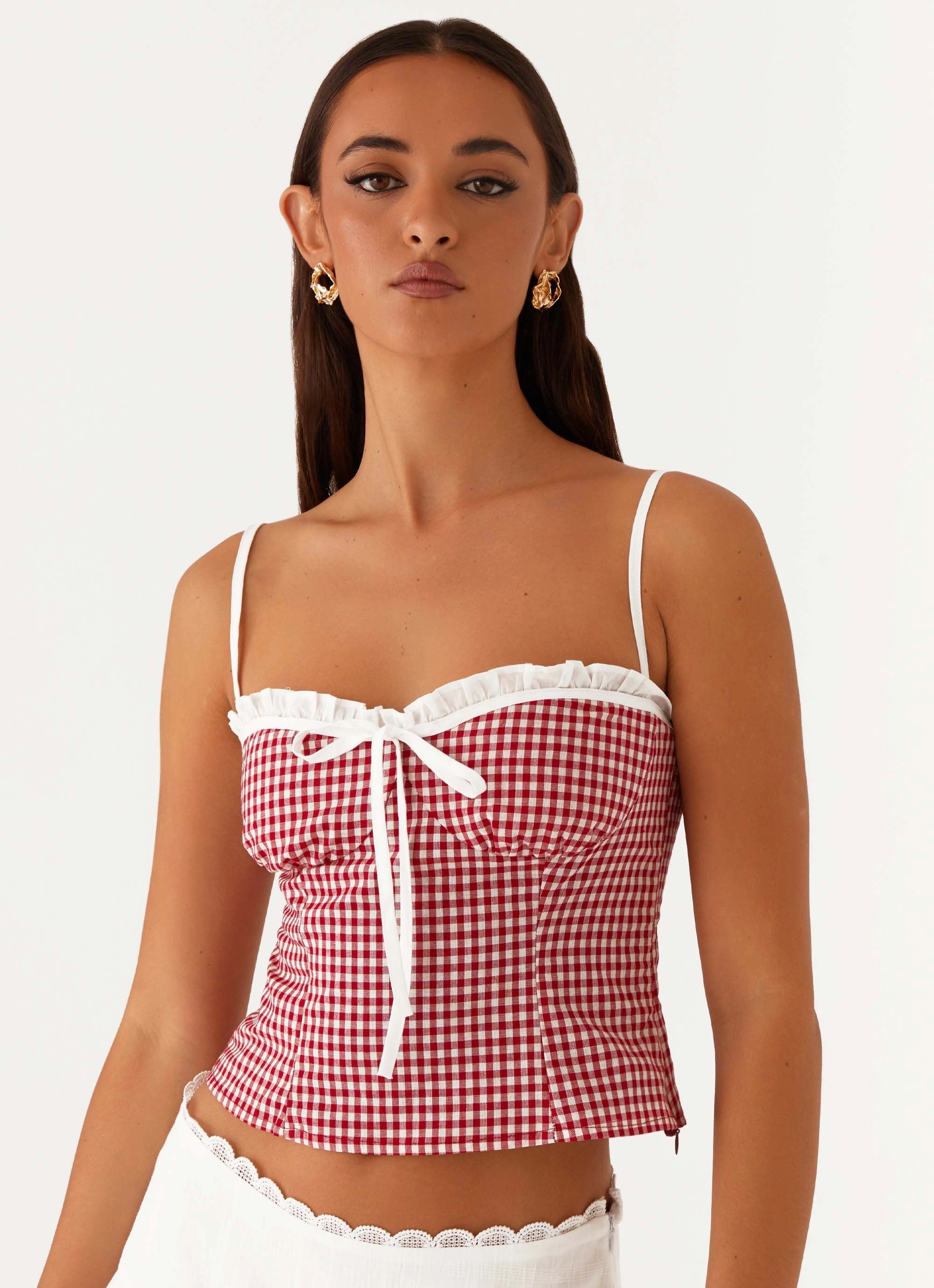 Buttonless Closure Palmer Ruffle Bustier Top - Red Gingham