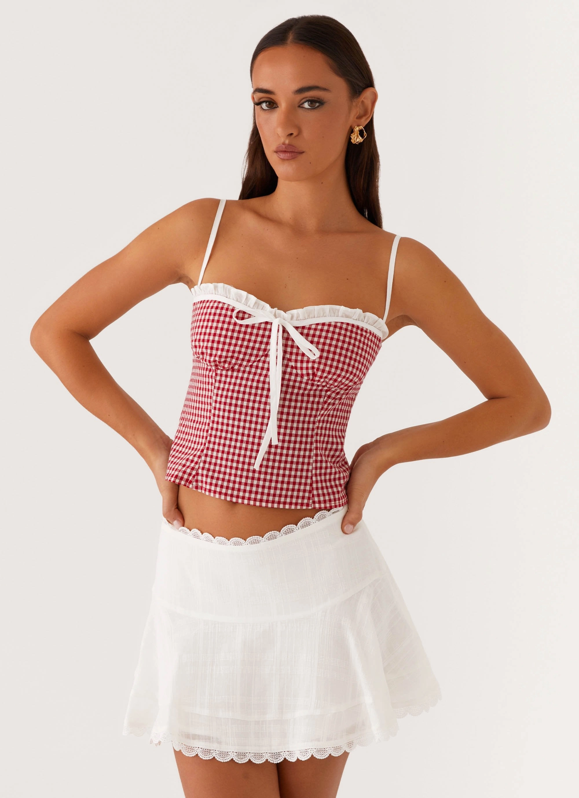 Palmer Ruffle Bustier Top - Red Gingham BuiltInLayer Scoop Neck Shape