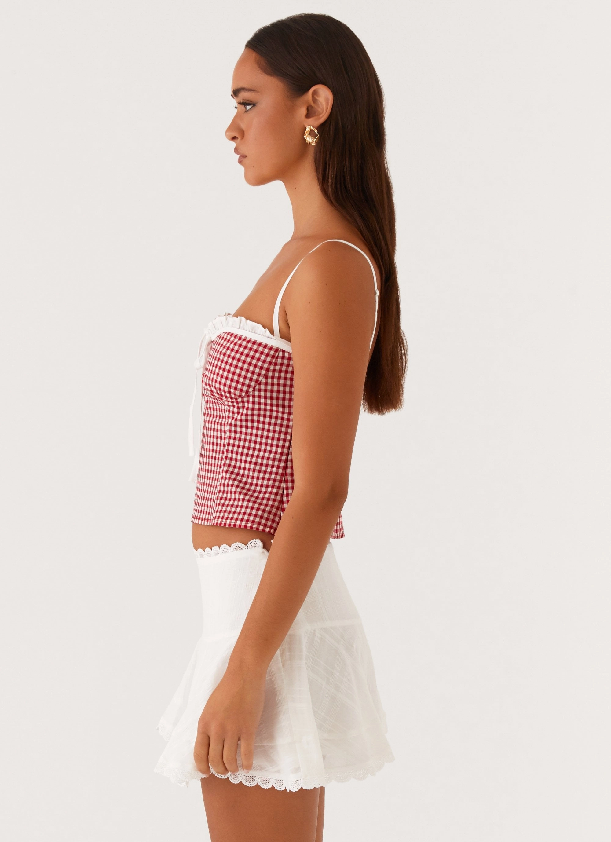 Reinforced Hemline Palmer Ruffle Bustier Top - Red Gingham