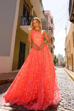 N R1305 - One Shoulder Neon Peach A-Line Ball Gown Prom Gown Embellished with Patterned Iridescent Sequin