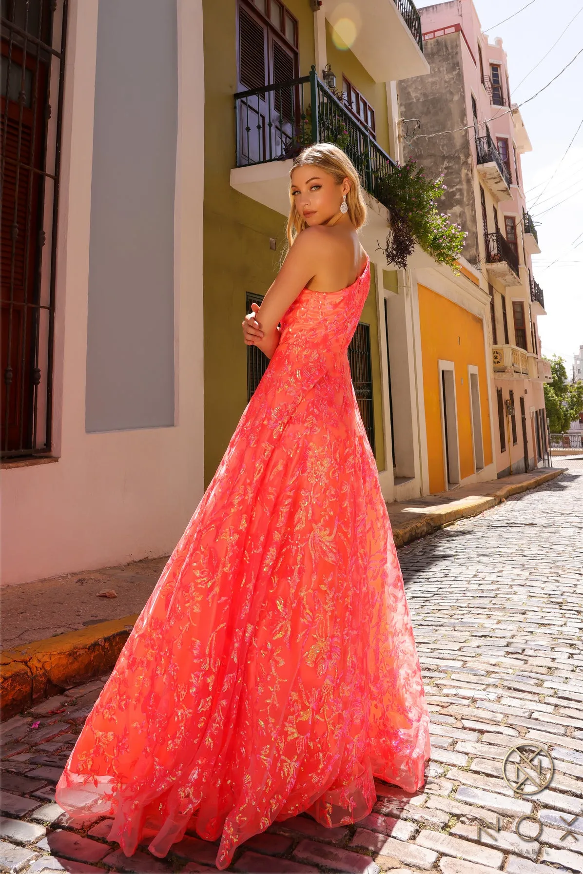 N R1305 - One Shoulder Neon Peach A-Line Ball Gown Prom Gown Embellished with Patterned Iridescent Sequin