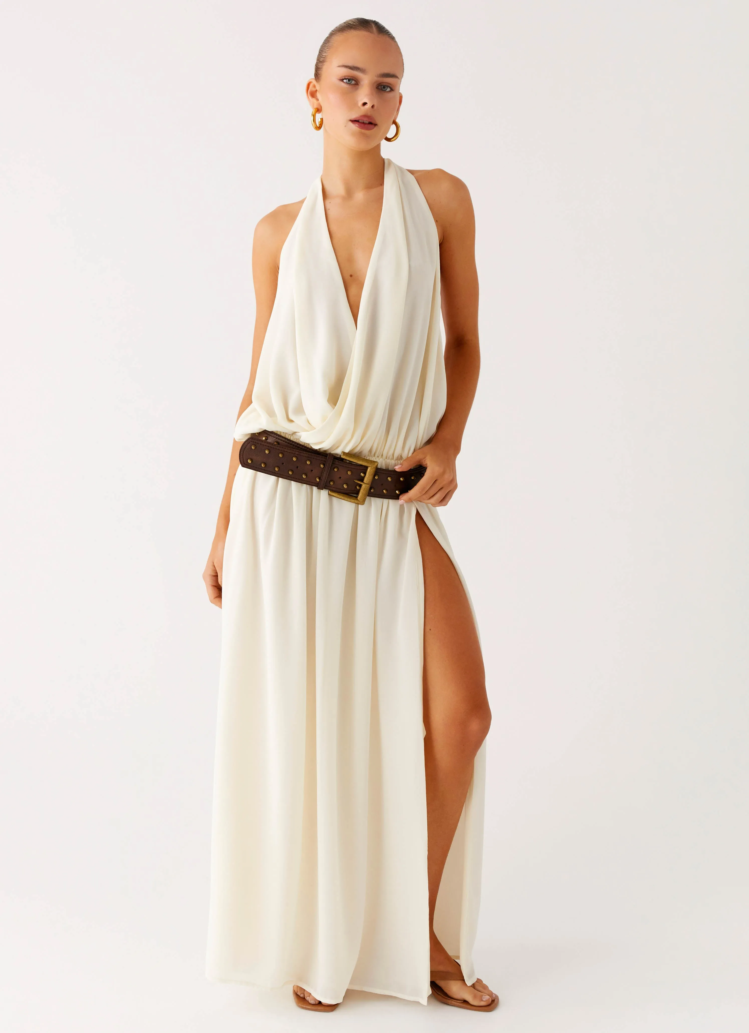 Narlah Halter Maxi Dress - Ivory Temperature Regulating Abstract print