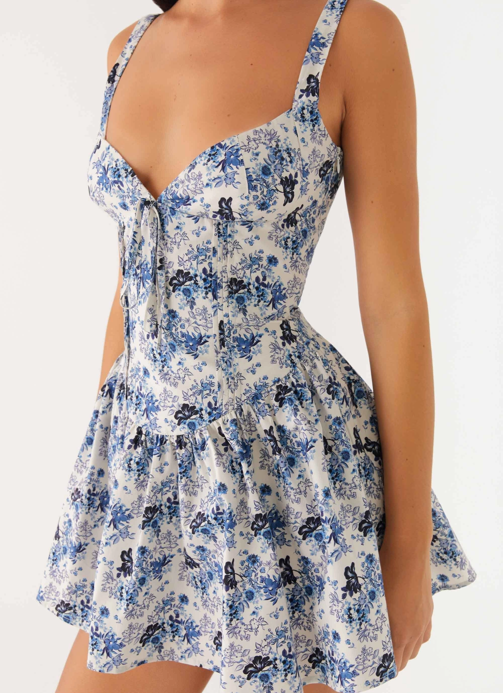 Nash Bust Mini Dress - Serene Sky Floral Fashion-Forward Airy Weave