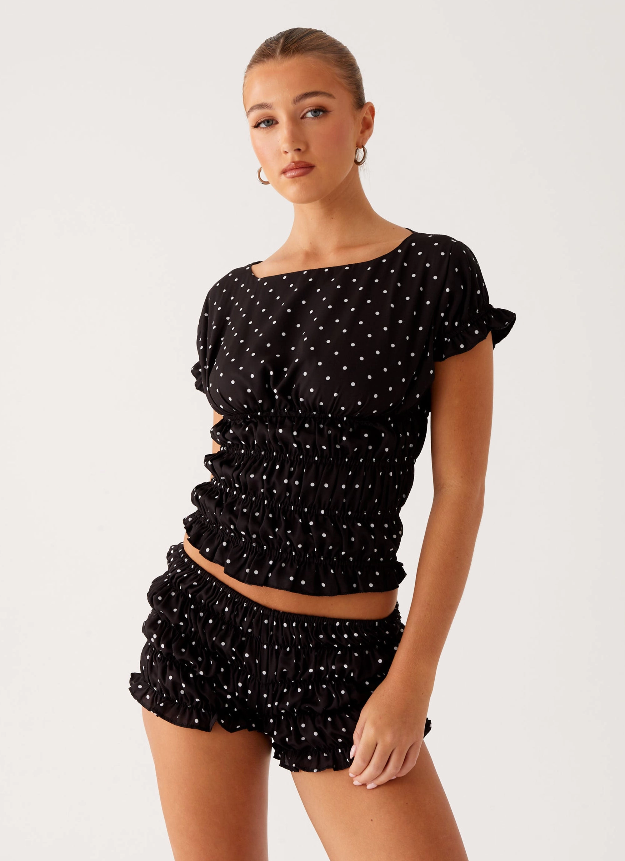 City Ready Wear Active Daily Wear Natalia Ruched Top - Black Polka Dot