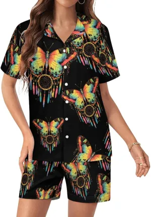 Nativbe Dream Catcher Colorful Butterfly Satin Pajamas For Women Set Botton Down Short Sleeves Silk Sleepwear