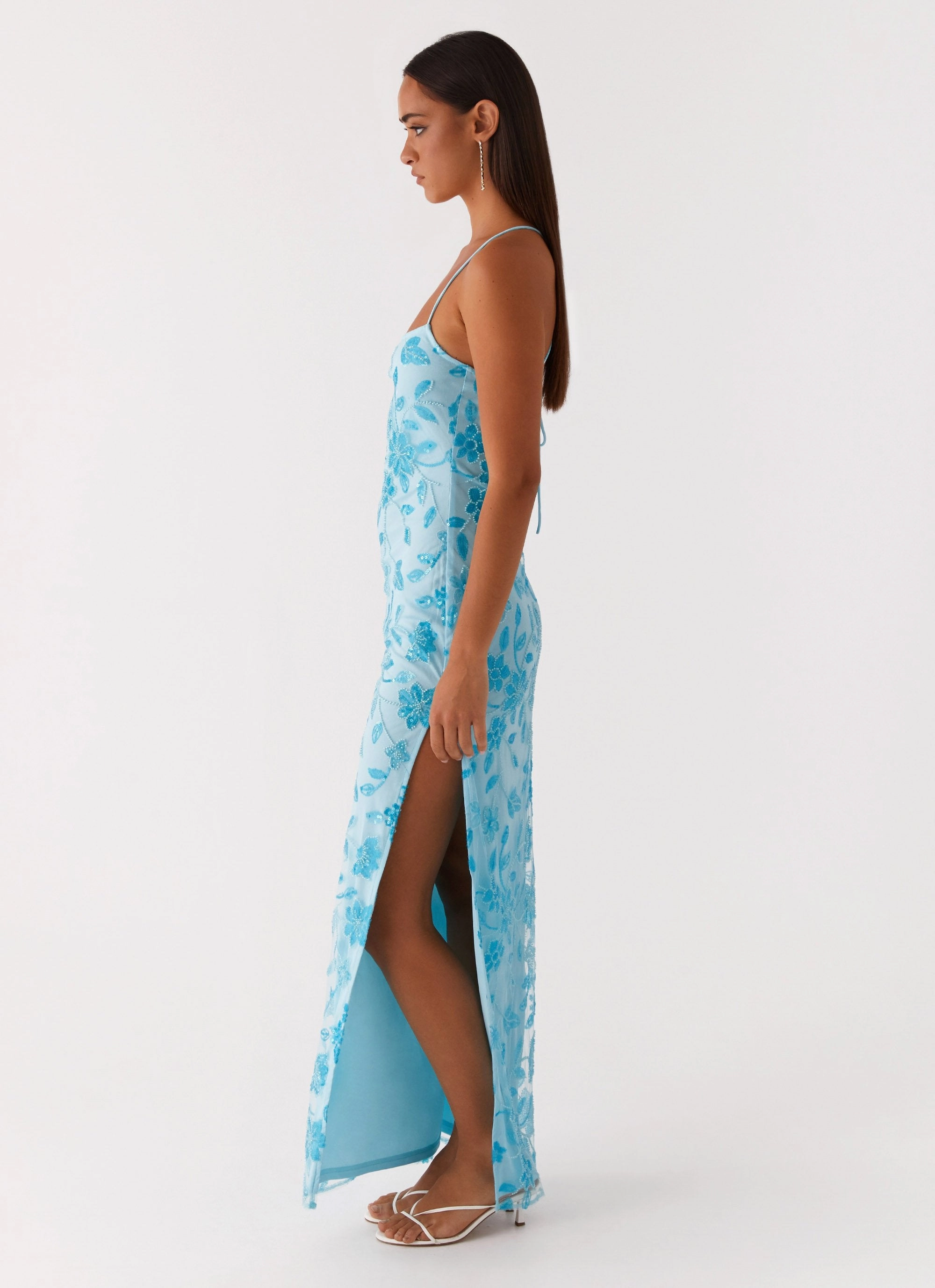 Romantic Mood Fall Ready Bright Lights Beaded Maxi Dress - Blue