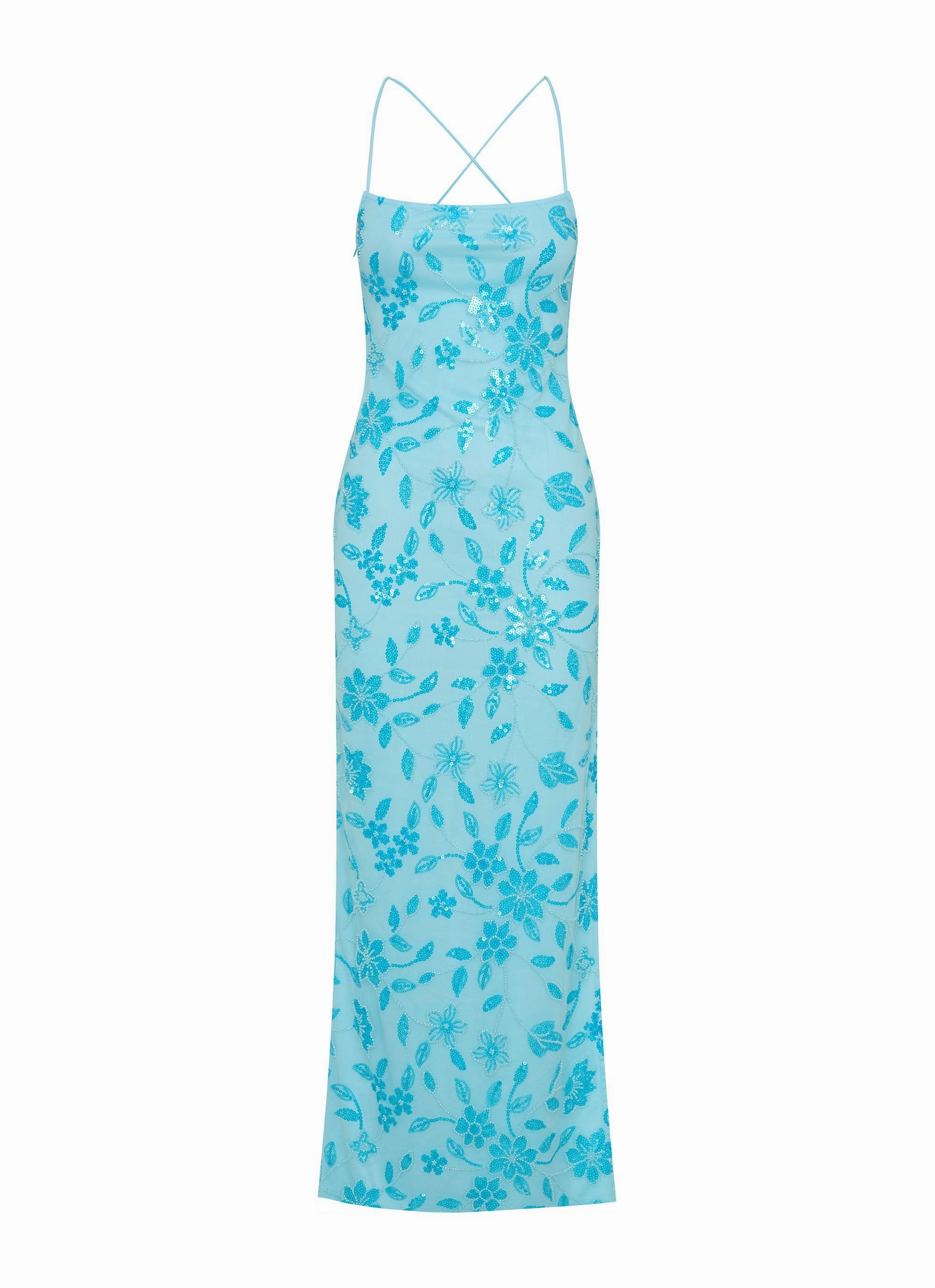 Bright Lights Beaded Maxi Dress - Blue Bare Arm Heart Glow