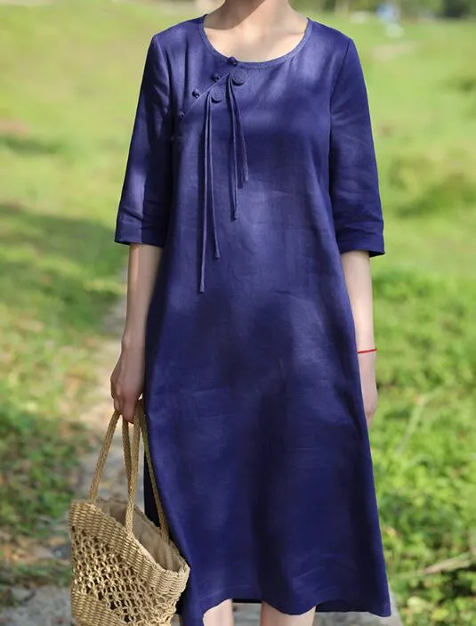 Navy Blue Women Dresses Casual Summer Linen Women Dresses Hand Made ButtonsSSM97215
