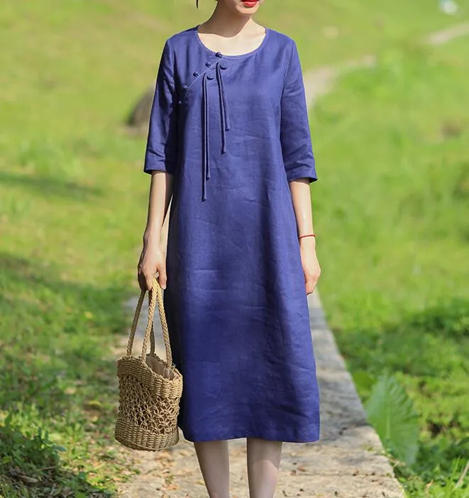 Navy Blue Women Dresses Casual Summer Linen Women Dresses Hand Made ButtonsSSM97215