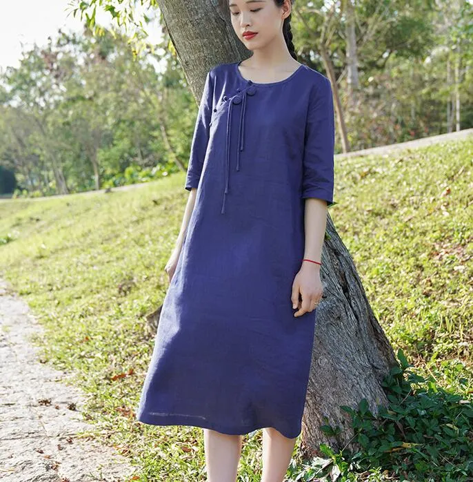 Navy Blue Women Dresses Casual Summer Linen Women Dresses Hand Made ButtonsSSM97215