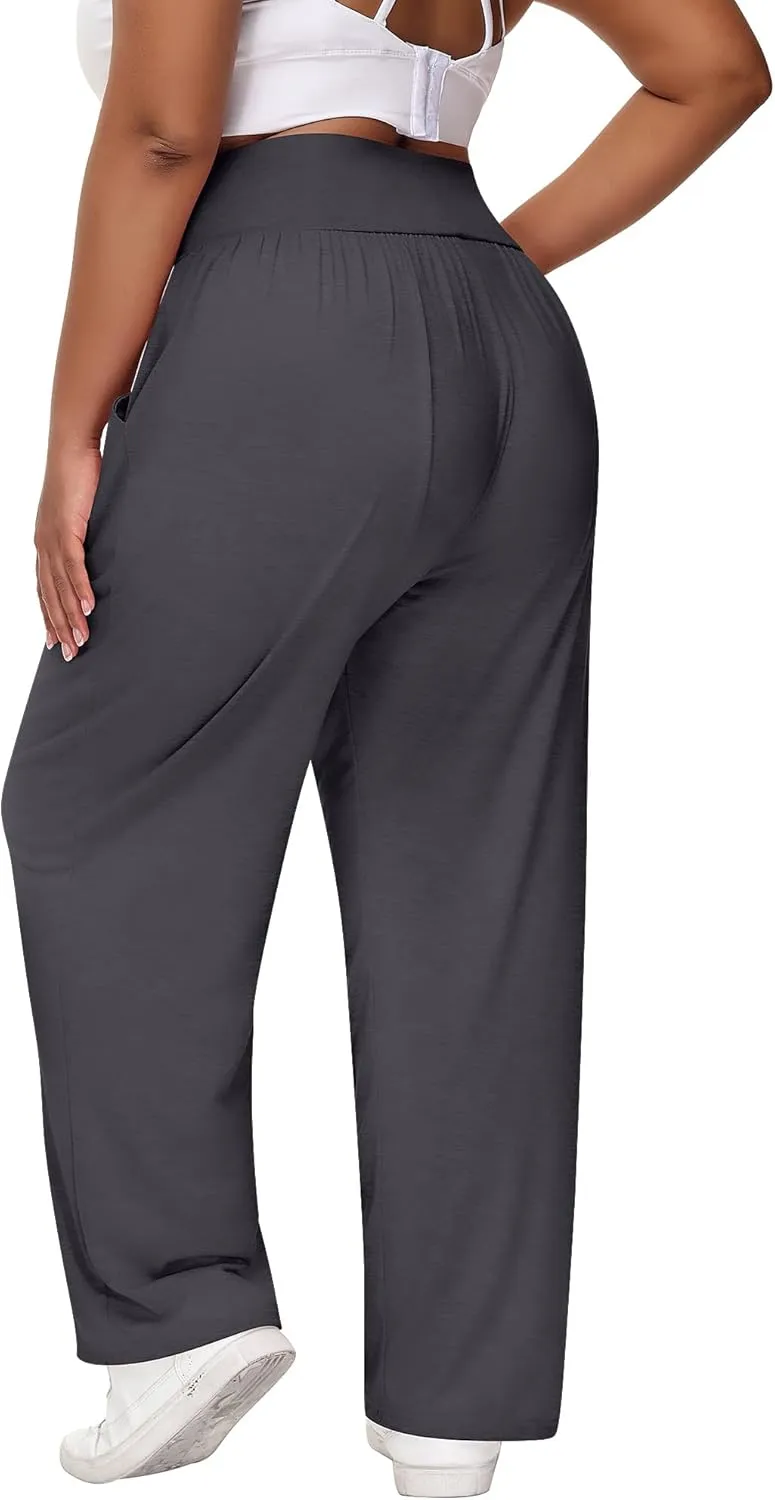 Neer 3 Pack Women Plus Size Wide Leg Yoga Pants High Waist Sweatpants Plus Size Palazzo Pants Lounge with Pockets
