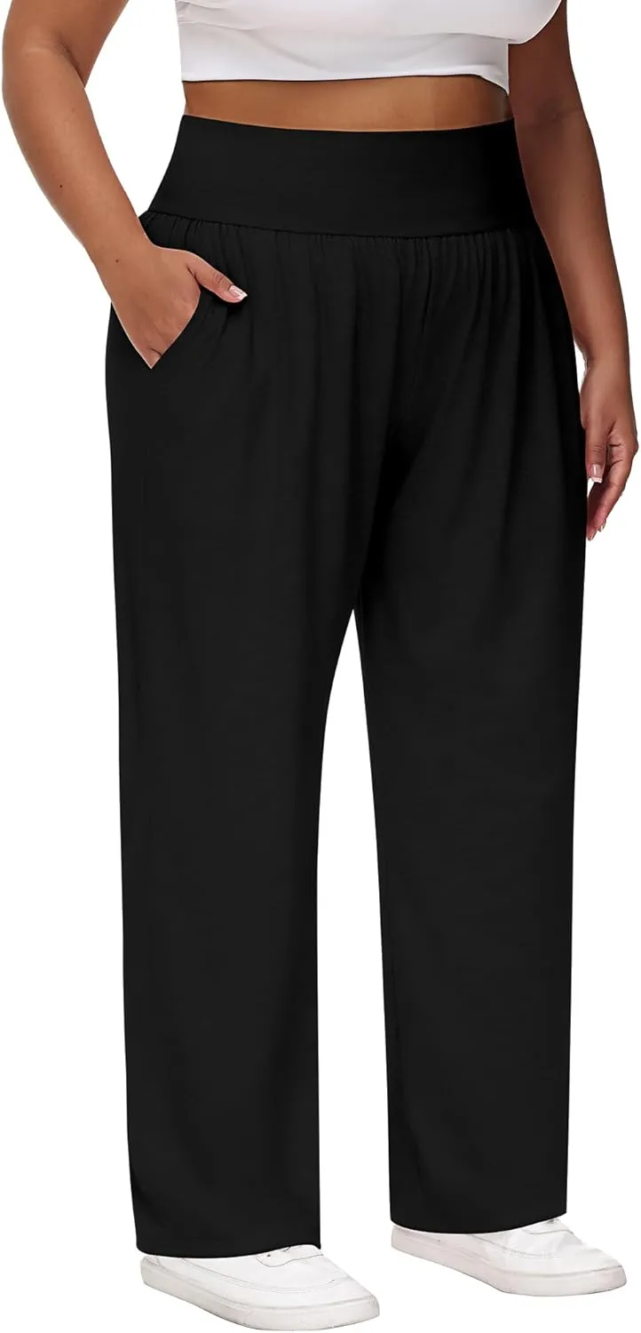 Neer 3 Pack Women Plus Size Wide Leg Yoga Pants High Waist Sweatpants Plus Size Palazzo Pants Lounge with Pockets