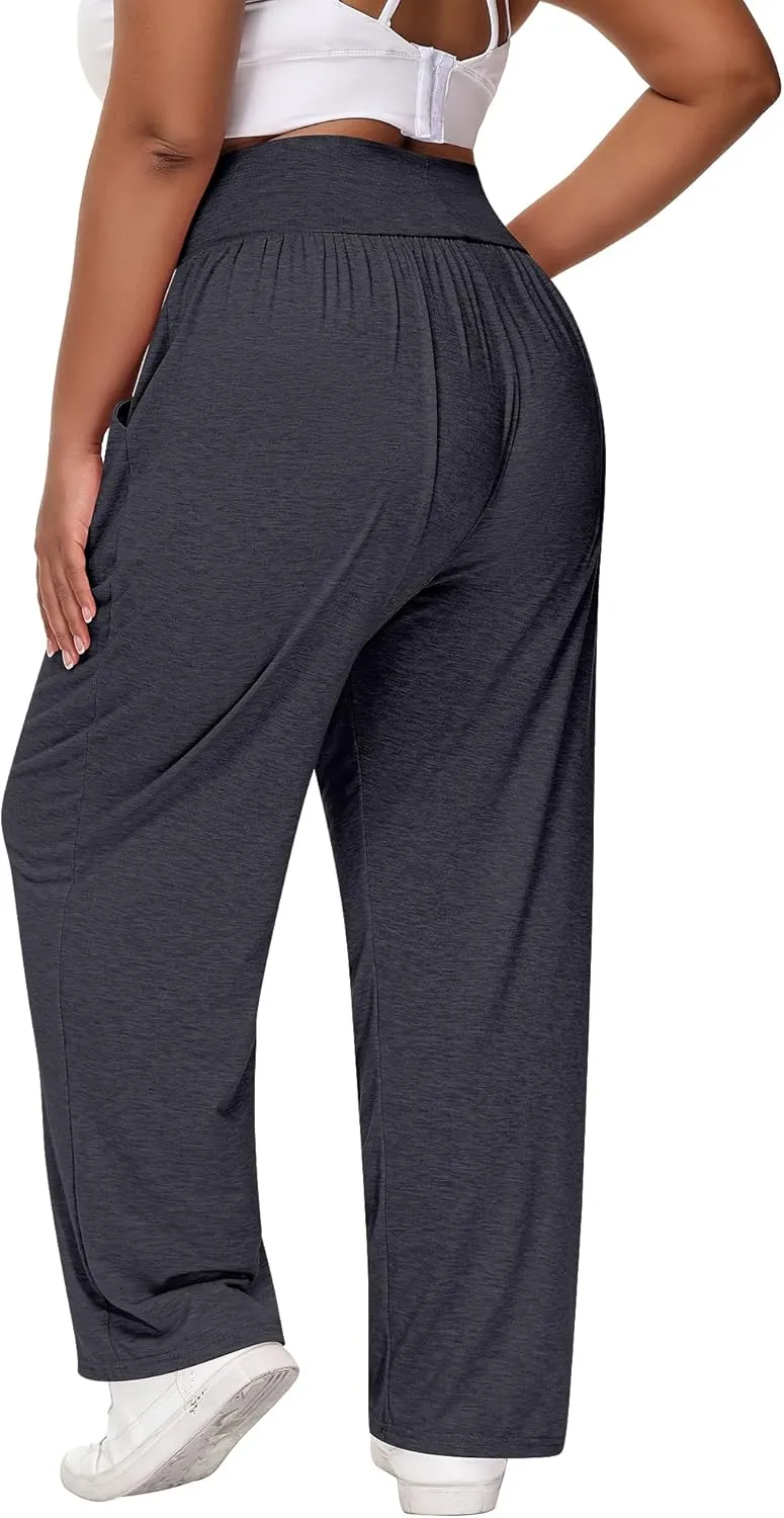 Neer 3 Pack Women Plus Size Wide Leg Yoga Pants High Waist Sweatpants Plus Size Palazzo Pants Lounge with Pockets