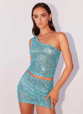 Neon Nights Sequin One Shoulder Top - Crystal Dynamic Tension Panels ContrastPlacket Neon Nights Sequin One Shoulder Top - Crystal
