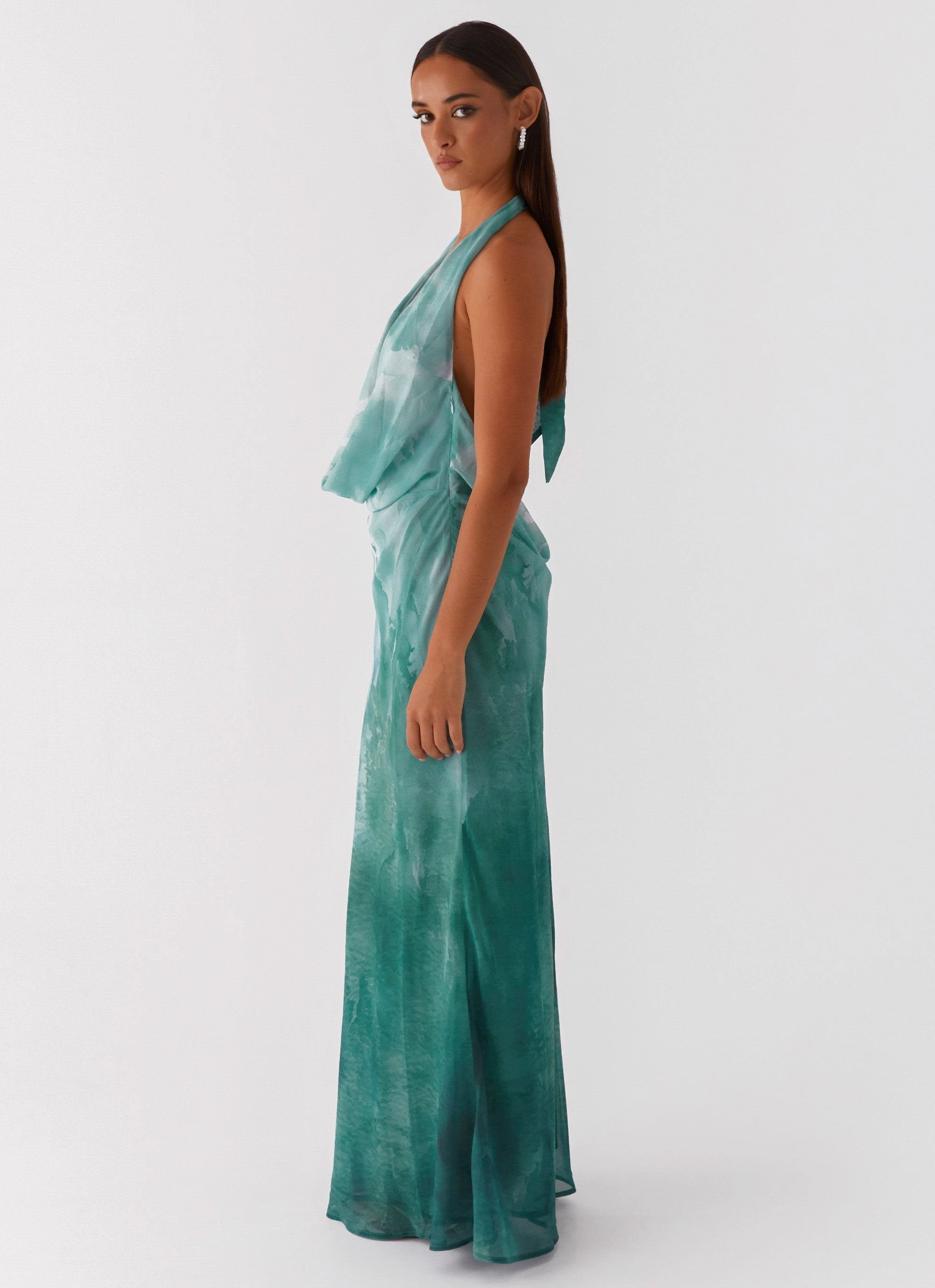 Nerissa Cowl Neck Maxi Dress - Green Tie Dye Flawless Waist Fit Printed-Fabric