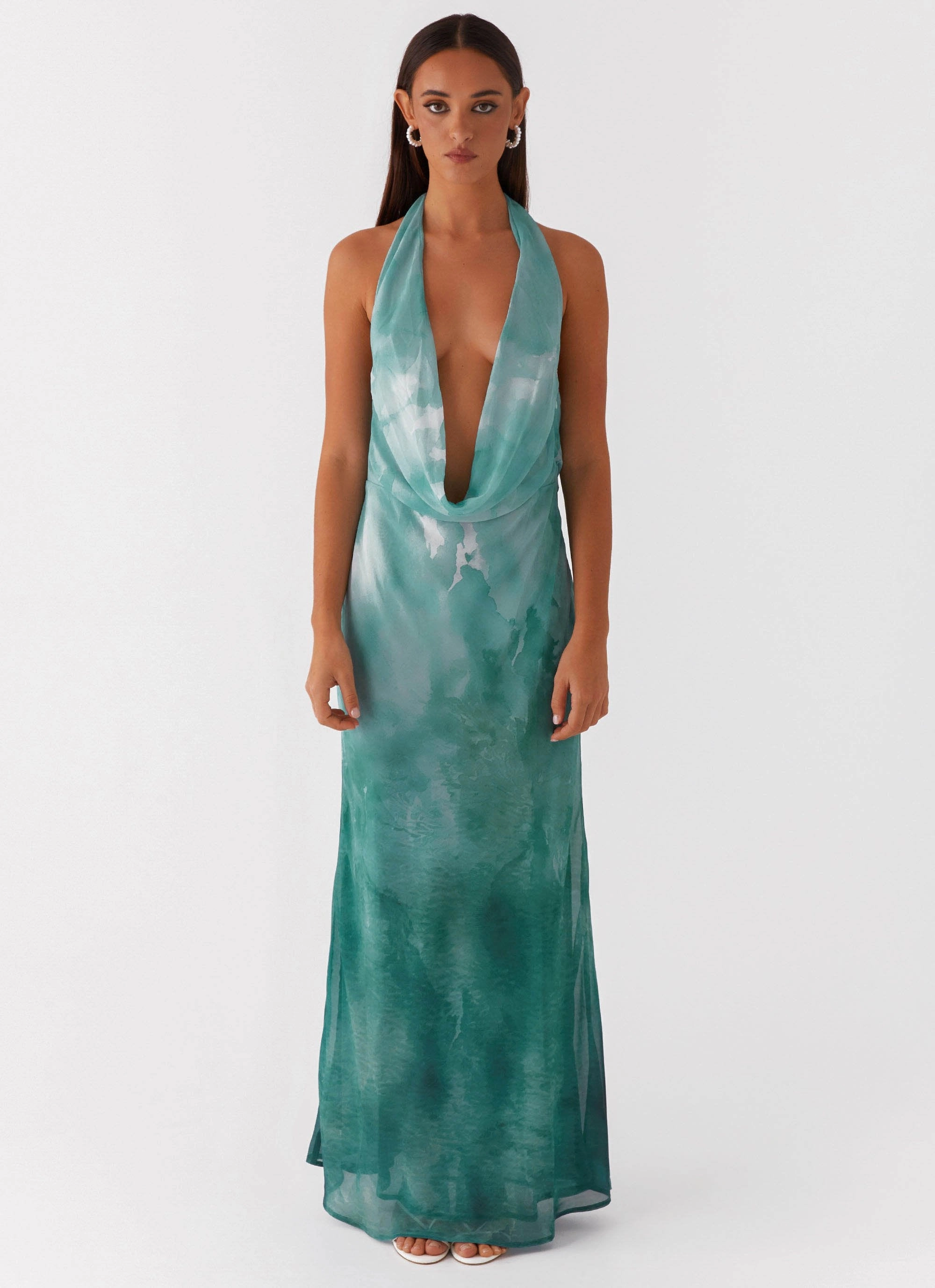 Nerissa Cowl Neck Maxi Dress - Green Tie Dye Cool Finish