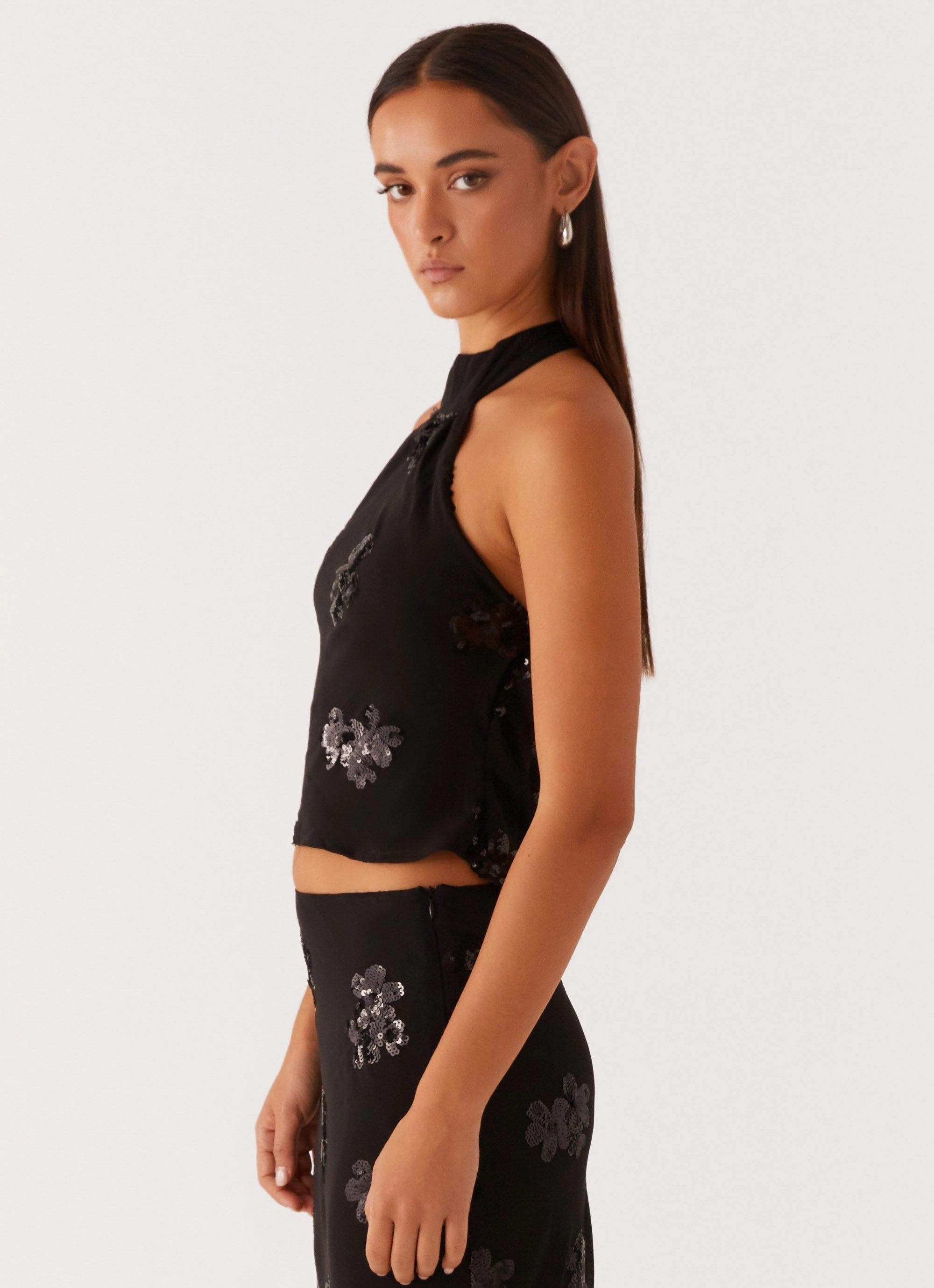 AthleisureInspired Cillian Sequin Halter Top - Black