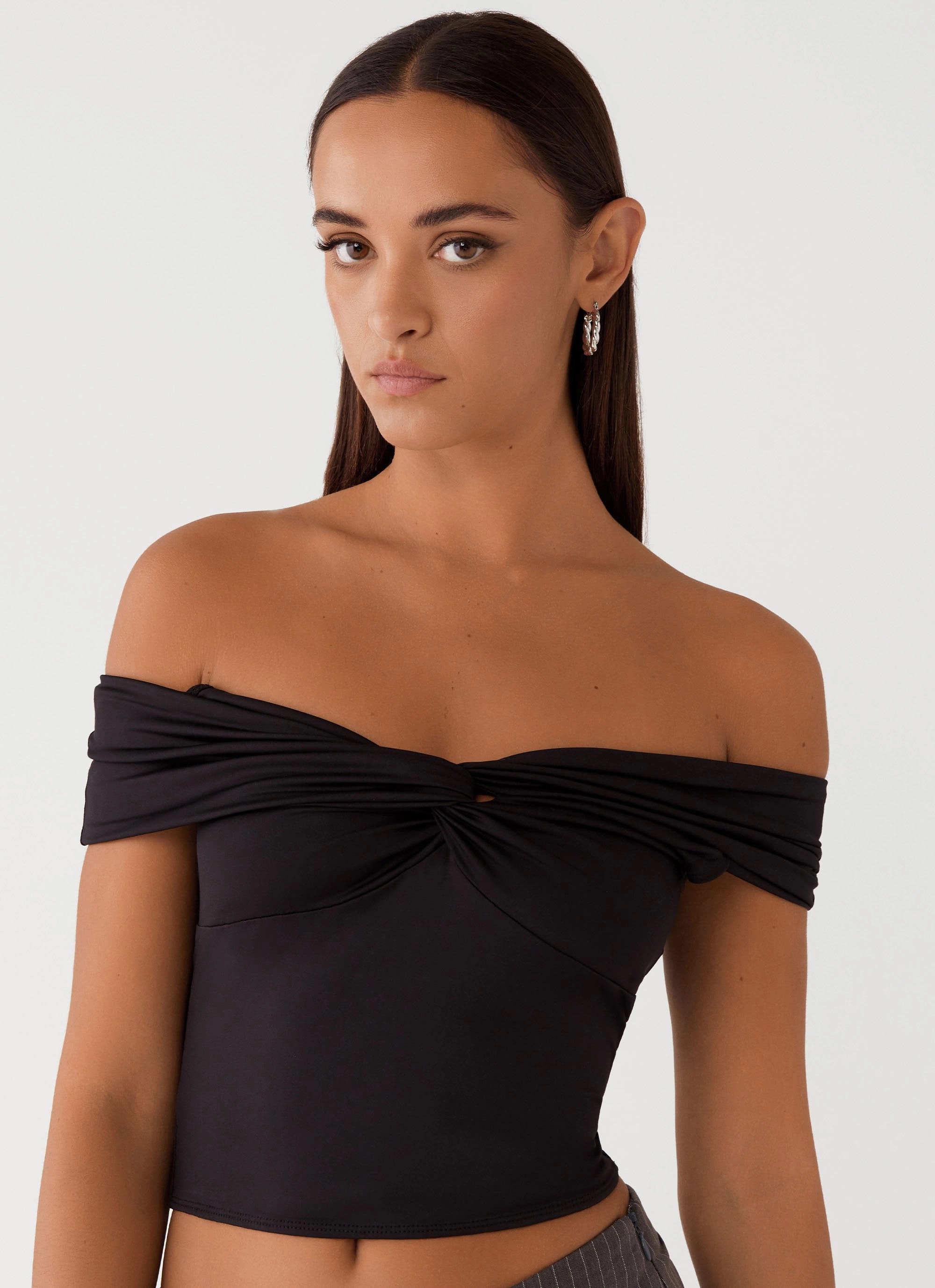 VentilatedBack Trixie Twist Off Shoulder Top - Black
