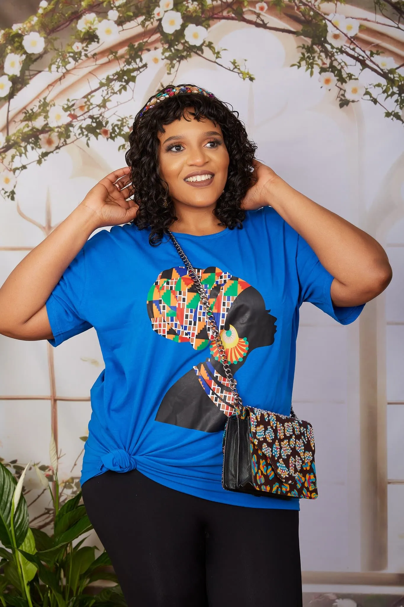 New in; African Print Headwrap T Shirt Dress - JAIYE (Cobalt Blue)