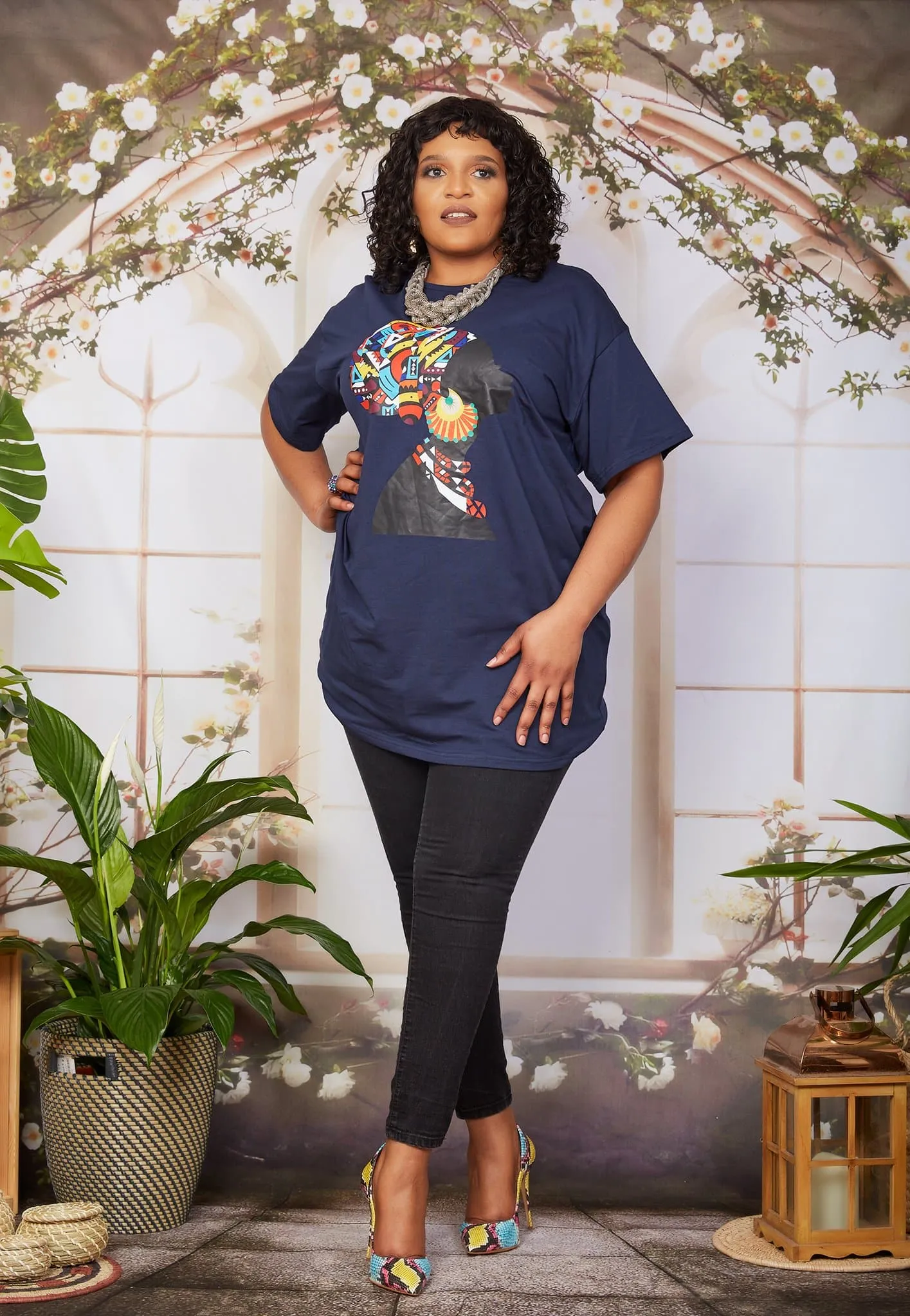 New in; African Print Headwrap T Shirt Dress - JAIYE (Cobalt Blue)