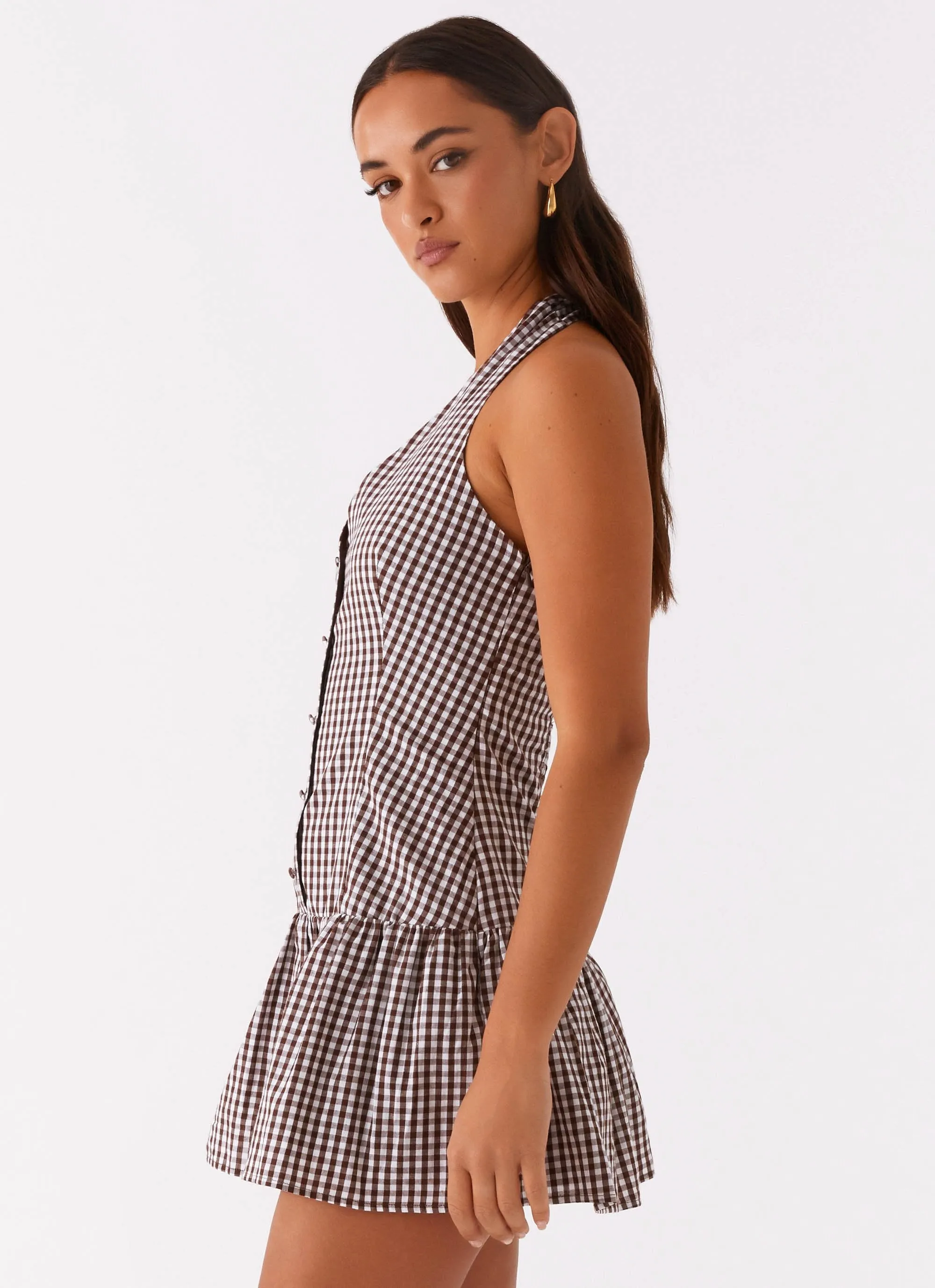 New Look Shirred Halter Mini Dress - Chocolate Gingham Spring Collection