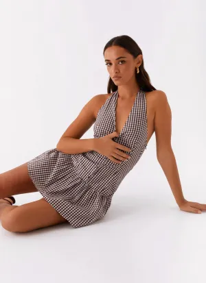 New Look Shirred Halter Mini Dress - Chocolate Gingham Fashion Must-Haves Laser Cut Edge Detail Quick Dry Construction New Look Shirred Halter Mini Dress - Chocolate Gingham