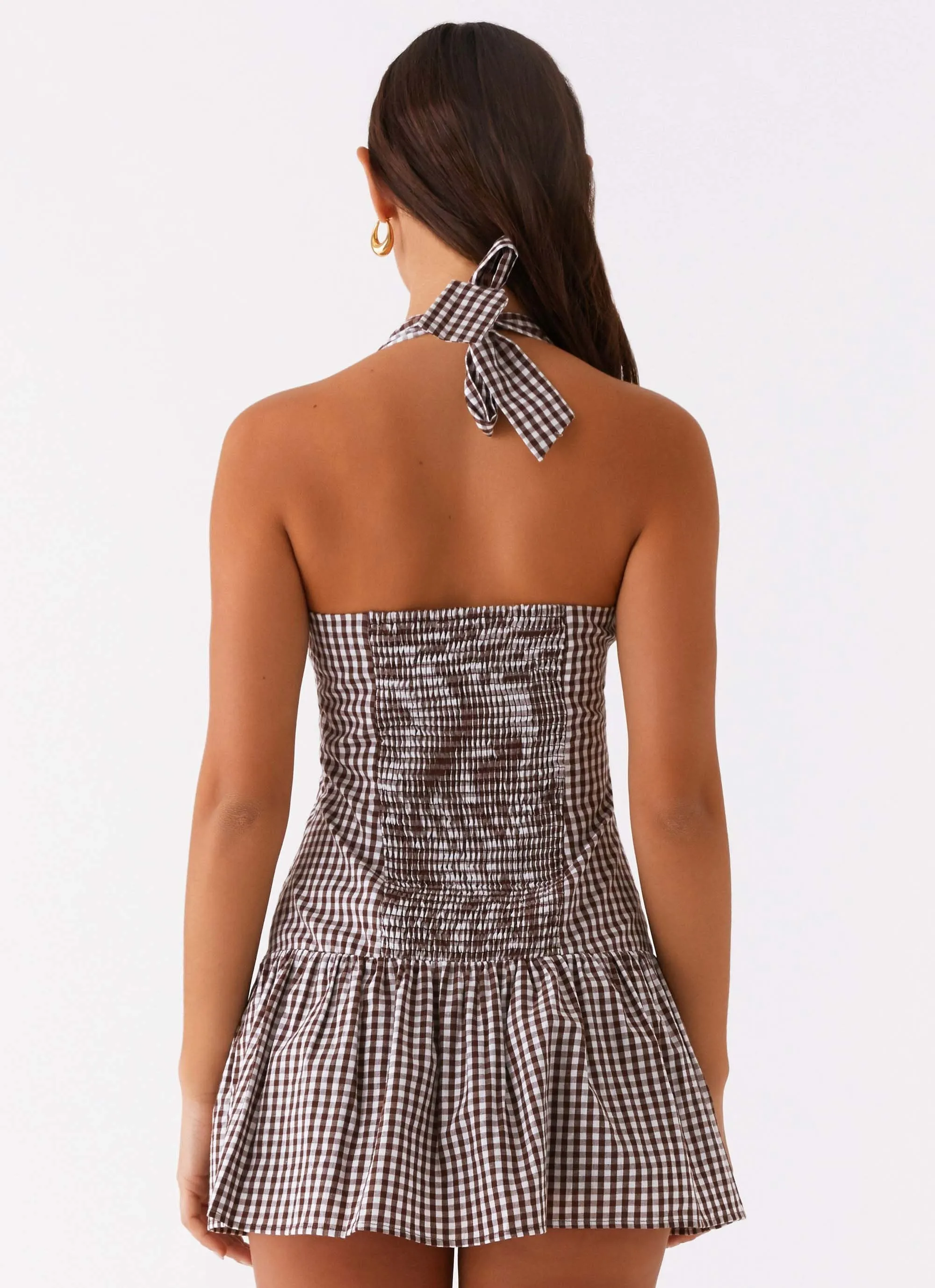 New Look Shirred Halter Mini Dress - Chocolate Gingham Premium Pima Cotton