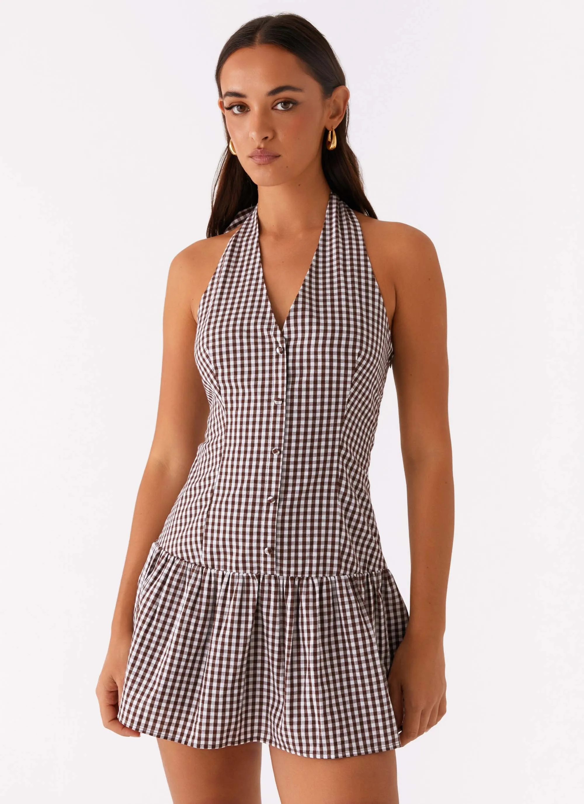 Premium Pima Cotton New Look Shirred Halter Mini Dress - Chocolate Gingham